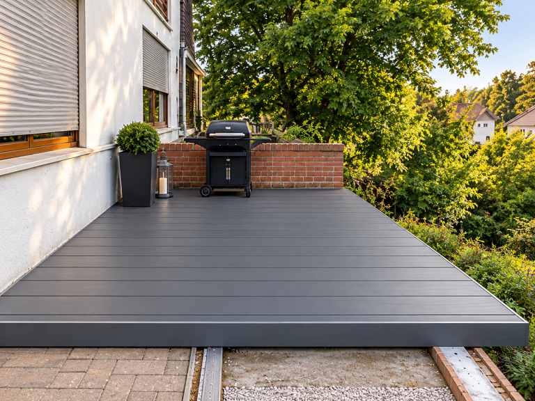 Sanierte Terrasse mit grauen AluClick Aluminiumdielen