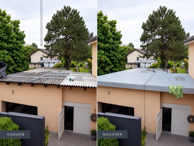 Vorher-Nachher-Sanierung eines Garagendachs mit AluClick Aluminiumprofilen