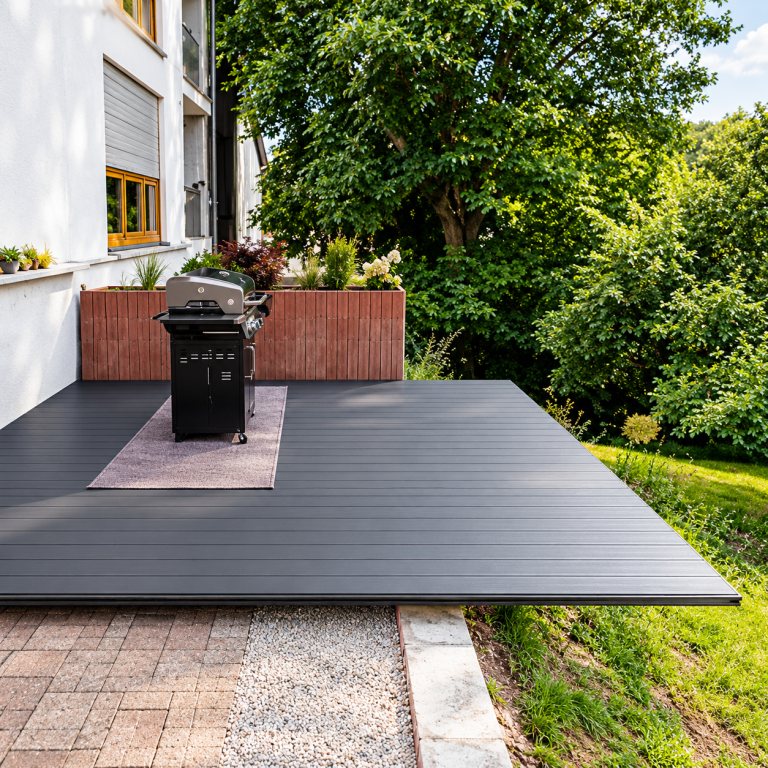 Sanierte Terrasse mit grauen AluClick Aluminiumdielen