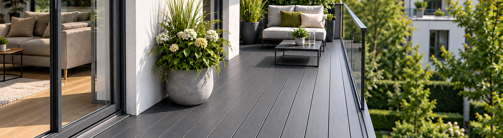 AluClick – vielseitige Aluminiumlösung Moderner Balkon mit grauen AluClick Aluminiumdielen und Sitzbereich