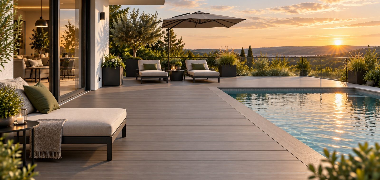 Moderner Poolbereich mit AluClick Aluminiumdielen und Lounge